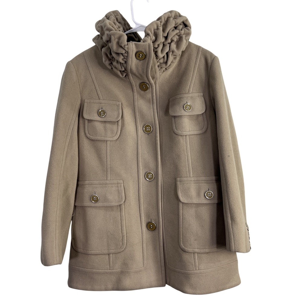 Perry Ellis Coat Women 6 Tan Wool Blend Ruffle Neck Pocket Utility Pea Coat Twee